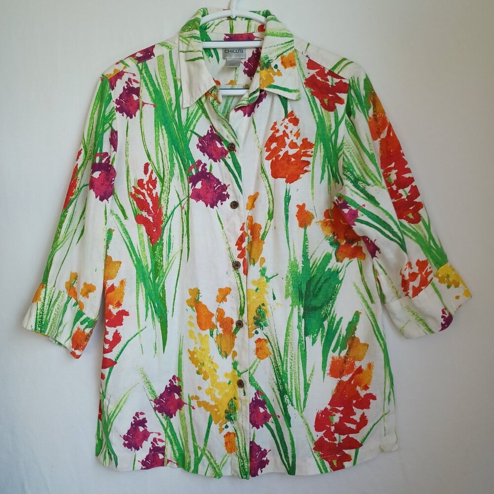 Chicos Linen Blouse Collared Button Front Vibrant… - image 2
